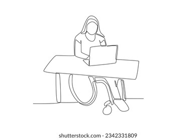 Single continuous line drawing of a woman in wheelchair finishing work at her desk