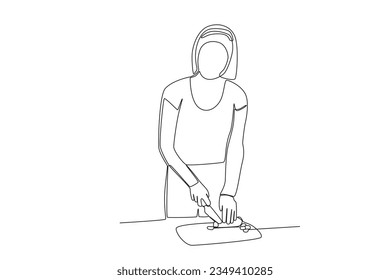 Single continuous line drawing of Woman Cutting Carrots. Healthy food concept one line drawing design vector minimalism illustration.
