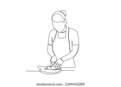 Single continuous line drawing of Woman Cutting Potatoes. Healthy food concept one line drawing design vector minimalism illustration.
