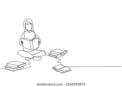 Single continuous line drawing woman who really likes reading. Everyday one book is read. Good habit. There is no day without reading book. Book festival concept. One line design vector illustration