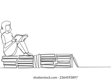 Single continuous line drawing woman sitting relaxed reading a book on pile of books. Relax while reading fiction books. Enjoy the storyline. Book festival concept. One line design vector illustration