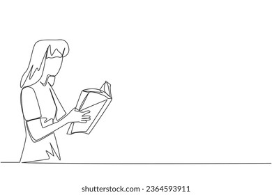 Single continuous line drawing woman are very focused on reading a book. Reading the fiction story books during holidays. Book festival concept. Very good habit. One line design vector illustration