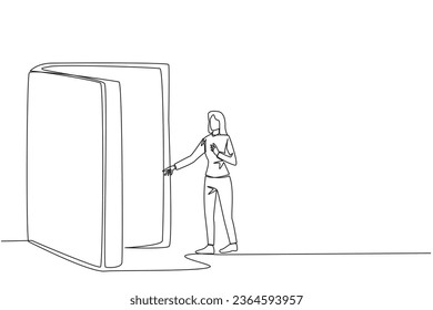 Single continuous line drawing woman open the book-shaped door. Books can open mind and see everywhere. Increase knowledge about the wider world. Book festival. One line design vector illustration