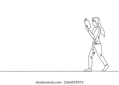 Single continuous line drawing woman walking while reading book. The gesture of memorizing something from a book. Read anywhere. Addicted to reading. Book festival. One line design vector illustration