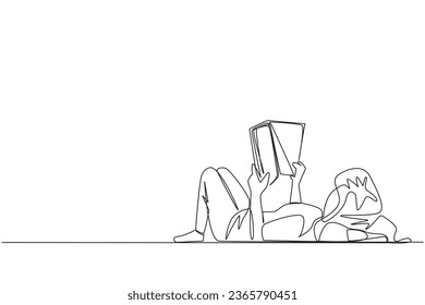 Single continuous line drawing woman lying on back reading book. Reading favorite comic. Big fan of fiction books. Enjoy the storyline. Reading increases insight. One line design vector illustration