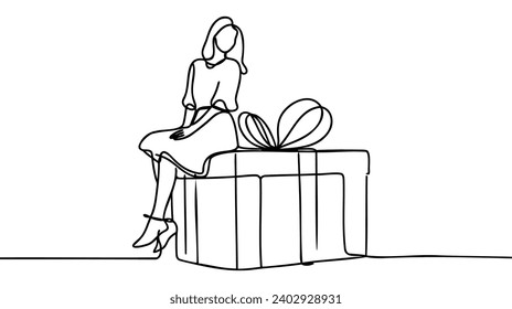 Una única mujer de dibujo de línea continua sentada en una gran caja de regalo. Gran concepto presente. Mujer sentada en una caja grande con presente. La persona feliz recibe un regalo enorme. Ilustración vectorial de diseño de trazos de una línea.