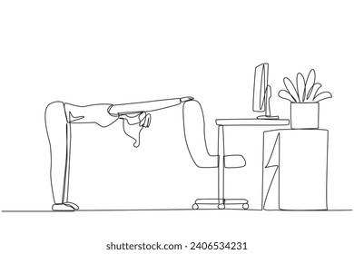 Single continuous line drawing woman bowed while stretching his hand on her work chair. Warm up movements. Light exercise while at the office. Overtime on weekend. One line design vector illustration