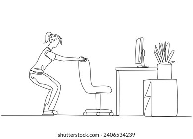 Single continuous line drawing woman stands with a slight bend and both hands hold the top of chair. Practice balance even though still have to work. Overtime. One line design vector illustration