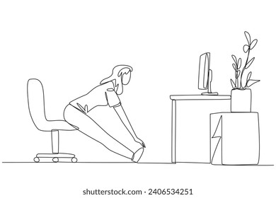 Single continuous line drawing woman sitting in work chair with legs straightened. Exercise following the instructions on the screen. Relaxing during work. Calm. One line design vector illustration