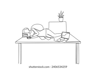 Single continuous line drawing woman fell asleep on the table with a pillow from a pile of papers. Too tired. Sleeping lying on the work desk. Hectic. Overtime. One line design vector illustration