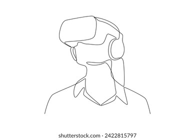 Single continuous line drawing of woman trying wearing vr headset. Virtual reality game player concept one line draw design vector illustration