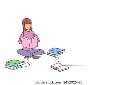Single continuous line drawing woman who really likes reading. Everyday one book is read. Good habit. There is no day without reading book. Book festival concept. One line design vector illustration