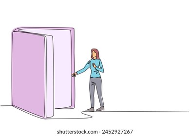Single continuous line drawing woman open the book-shaped door. Books can open mind and see everywhere. Increase knowledge about the wider world. Book festival. One line design vector illustration
