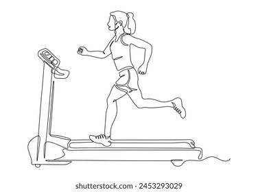 Single continuous line drawing of a woman running on treadmill