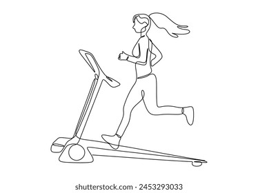 Single continuous line drawing of a woman running on treadmill