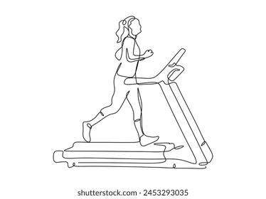 Single continuous line drawing of a woman running on treadmill