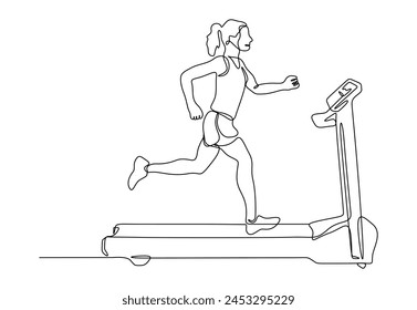 Single continuous line drawing of a woman running on treadmill