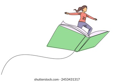 Single continuous line drawing woman standing on large flying open book. Like riding a cloud, able to fly as high as possible. Reading increases insight. Love read. One line design vector illustration