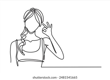 Single continuous line drawing woman in casual clothes gesturing ok sign. Okay sign, gesture language concept. Smiling sport female standing showing ok. Ok sign hand gesture continuous line