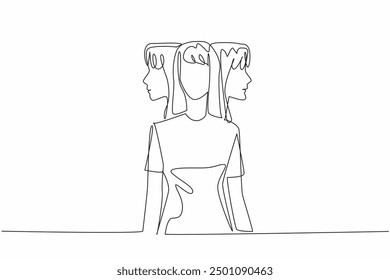 Single continuous line drawing a woman facing forward with two heads behind looking right and left. Mental health problems. Psychology. Multiple Personality Day. One line design vector illustration