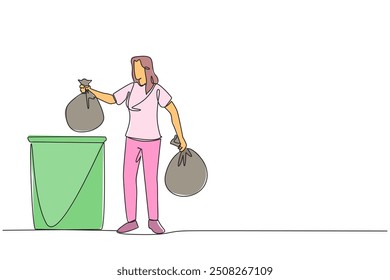 Single continuous line drawing woman puts trash bag into trash can. Environmental care. A clean environment keeps the mind fresh and clear. The air becomes clean. One line design vector illustration