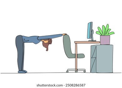 Single continuous line drawing woman bowed while stretching his hand on her work chair. Warm up movements. Light exercise while at the office. Overtime on weekend. One line design vector illustration