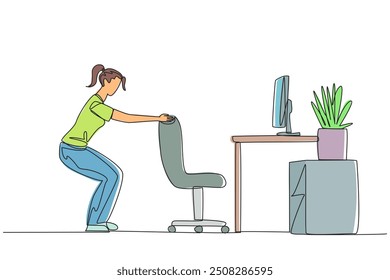 Single continuous line drawing woman stands with a slight bend and both hands hold the top of chair. Practice balance even though still have to work. Overtime. One line design vector illustration