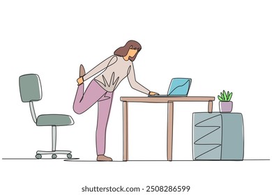 Einzel durchgehende Linie Zeichnung Frau, die mit einem Bein angehoben und ihre Hand tippen auf einem Laptop. Nervös. Leichtes Training hilft, ruhig zu bleiben. Überstunden am Wochenende. Vektorgrafik mit einzeiligem Design