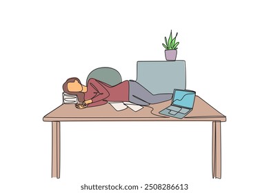 Single continuous line drawing woman fell asleep on the table with a pillow from a pile of papers. Too tired. Sleeping lying on the work desk. Hectic. Overtime. One line design vector illustration