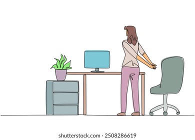 Single continuous line drawing woman stands with her hands behind her back. Avoid serious injuries due to rarely exercising. Take time to stretch at the office. One line design vector illustration