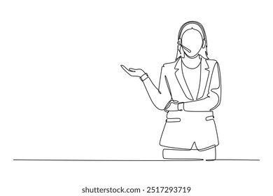 Dibujo de línea continua única de mujer Servicio al cliente hablando y respondiendo llamadas telefónicas del Cliente amablemente con auriculares con micrófono en la oficina. Una línea dibuja la Ilustración vectorial del Diseño gráfico