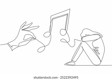 Single continuous line drawing woman crouching on the floor covering her face. The power of music to uplift the spirits. Melody of healing. World Music Therapy Day. One line design vector illustration