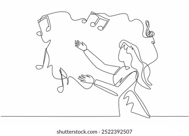 Uma única mulher de desenho de linha contínua alcançando alguns símbolos musicais. Vários aspectos da personalidade vindo em expressão harmoniosa. Dia Mundial da Terapia Musical. Ilustração de vetor de design de uma linha