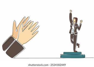 Single continuous line drawing woman in blazer standing on the podium. Celebratory pose. Successful businesswoman. Achievement. Applauds. Employee Appreciation Day. One line design vector illustration