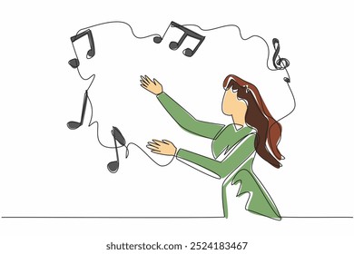 Single continuous line drawing woman reaching for some musical symbols. Various aspects of personality coming in harmonious expression. World Music Therapy Day. One line design vector illustration