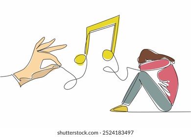 Single continuous line drawing woman crouching on the floor covering her face. The power of music to uplift the spirits. Melody of healing. World Music Therapy Day. One line design vector illustration