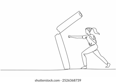 Single continuous line drawing woman hits a large cigarette until it breaks. Stay away from cigarettes. Cigarettes are not good for anyone. Say no to smoking. One line design vector illustration