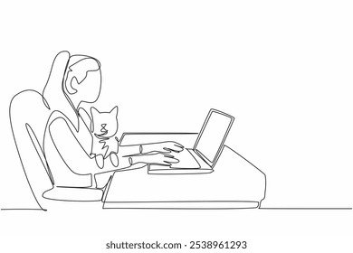 Single continuous line drawing woman typing on laptop while holding cat. Looking for references in online cat lover communities. Adorable. Bond. National Pet Day. One line design vector illustration