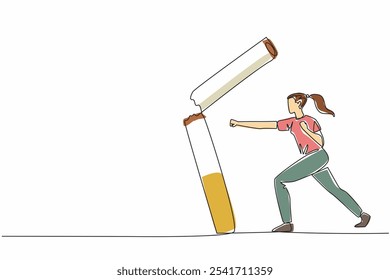 Single continuous line drawing woman hits a large cigarette until it breaks. Stay away from cigarettes. Cigarettes are not good for anyone. Say no to smoking. One line design vector illustration