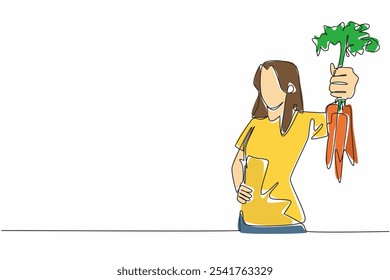 Single continuous line drawing woman holding some carrots with the tips of the leaves still thick. Showing the harvest. Good for health. International Carrot Day. One line design vector illustration