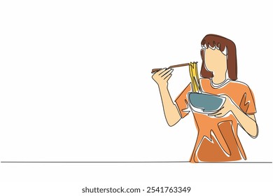 Línea continua de dibujo de mujer devorando ramen con palillos. Deliciosa comida tradicional. Caldo espeso. Comido con gran gusto. Delicioso. Día Nacional del Ramen. Ilustración vectorial de diseño de una línea