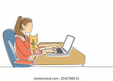 Linha contínua única desenhando mulher digitando no laptop enquanto segura gato. Procurando referências em comunidades de amantes de gatos online. Adorável. Bond. Dia Nacional do Animal de Estimação. Ilustração de vetor de design de uma linha