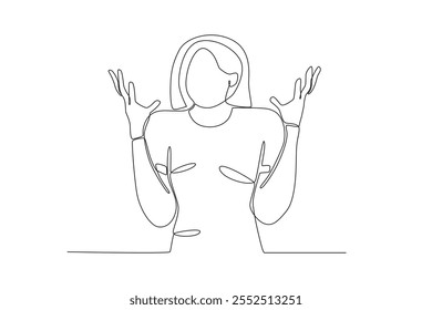 Single continuous line drawing of A woman who is angry and holds back her emotions. Dynamic single line draw design graphic vector illustration.