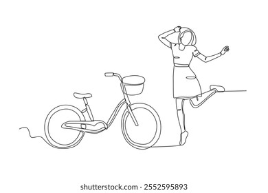 Desenho de linha contínua única de Mulher dançando ao lado de sua bicicleta no parque. Ilustração de vetor gráfico de design de desenho de linha única dinâmica.
