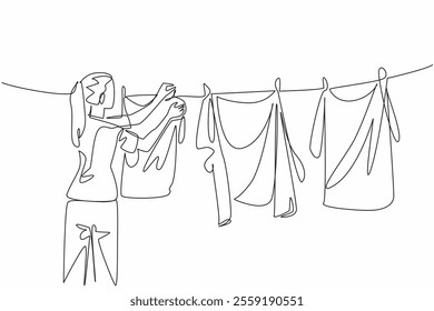 Single continuous line drawing a woman in casual clothes drying clothes. Morning routine before the sun rises and becomes very bright. National Hanging Out Day. One line design vector illustration