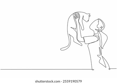 Single continuous line drawing a woman lifts and carries a cat. Inviting the pet to joke around. Funny behavior. Cat lover. Adorable. Cute. National Cat Lady Day. One line design vector illustration