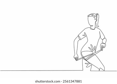 Single continuous line drawing a woman shaves her thighs with a measuring tape wrapped around her thighs. Exercises to tone thigh muscles. Love Your Thighs Day. One line design vector illustration