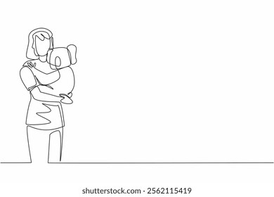 Single continuous line drawing a woman in casual clothes hugging a koala. Animals that have cute and adorable looks. Sleeping on a treetop. Hug an Australian Day. One line design vector illustration