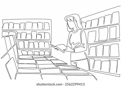 Single continuous line drawing woman in casual clothes is reading a book in a bookstore. Visiting a newly opened bookstore. Education. Independent Bookstore Day. One line design vector illustration