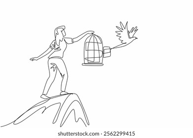 Single continuous line drawing a woman in casual clothes stood on a hill releasing birds. Giving freedom to animals. Unlimited free flight. National Go Birding Day. One line design vector illustration